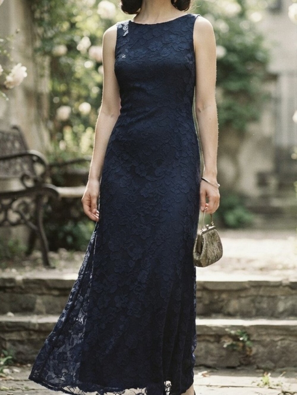 Rhapsody LTD Vintage Navy Lace V-Neck Evening Maxi Dress